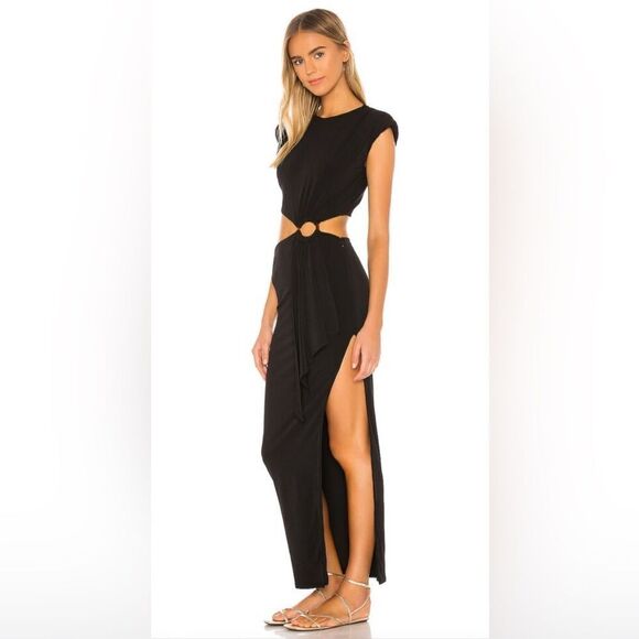 Lovers and Friends Encore Dress in Black Midriff Cut Out Shoulder Pads Maxi XS - Picture 1 of 12